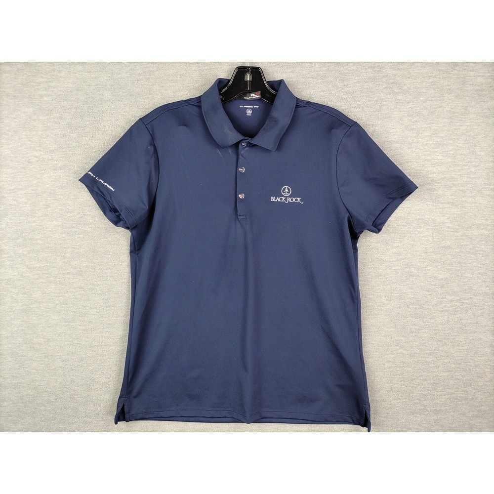 RLX Womens Shirt M Navy Blue Polo‎ Short Sleeve Performance Golf Black Rock Logo